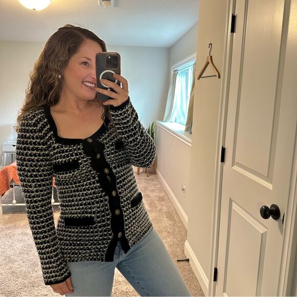 Sea New York Black White Textured Knit Button Front Cardigan Jacket XS - Picture 2 of 10